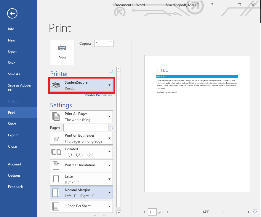 Picture of StudentSecure Printer being selected in Microsoft word.